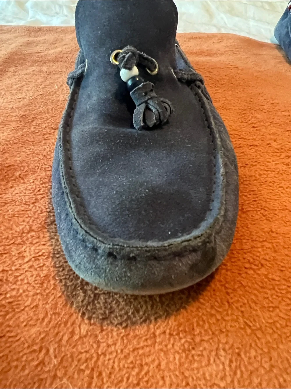 Gucci Navy Suede Tassel Loafers with Bead Accents 212190
